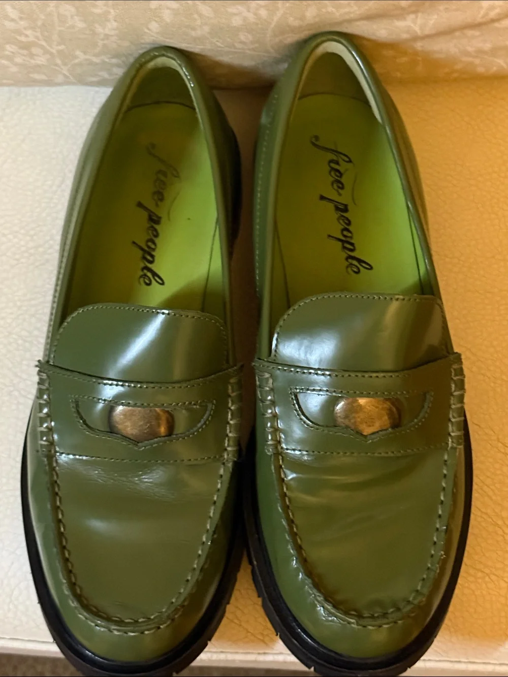 Free People Liv Olive Green Leather Penny Loafers with Gold Accent